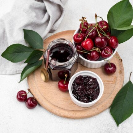 Organic premium cherry jam in a jar