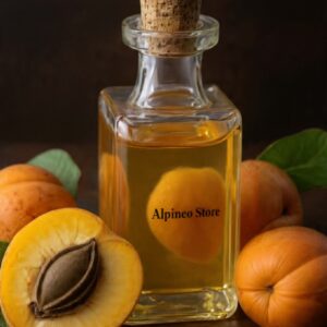 A small glass bottle of pale amber apricot oil with a dropper cap, surrounded by ripe apricots and light, clean backdrop, conveying purity and nourishment.