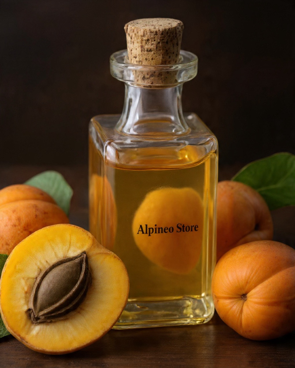 Cold-Pressed Apricot Oil: Pure Citrus-Nut Nourishment A small glass bottle of pale amber apricot oil with a dropper cap, surrounded by ripe apricots and light, clean backdrop, conveying purity and nourishment.