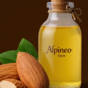 A small glass bottle of golden almond oil with a wooden dropper, surrounded by almonds and a light, neutral backdrop, conveying purity and nourishment.