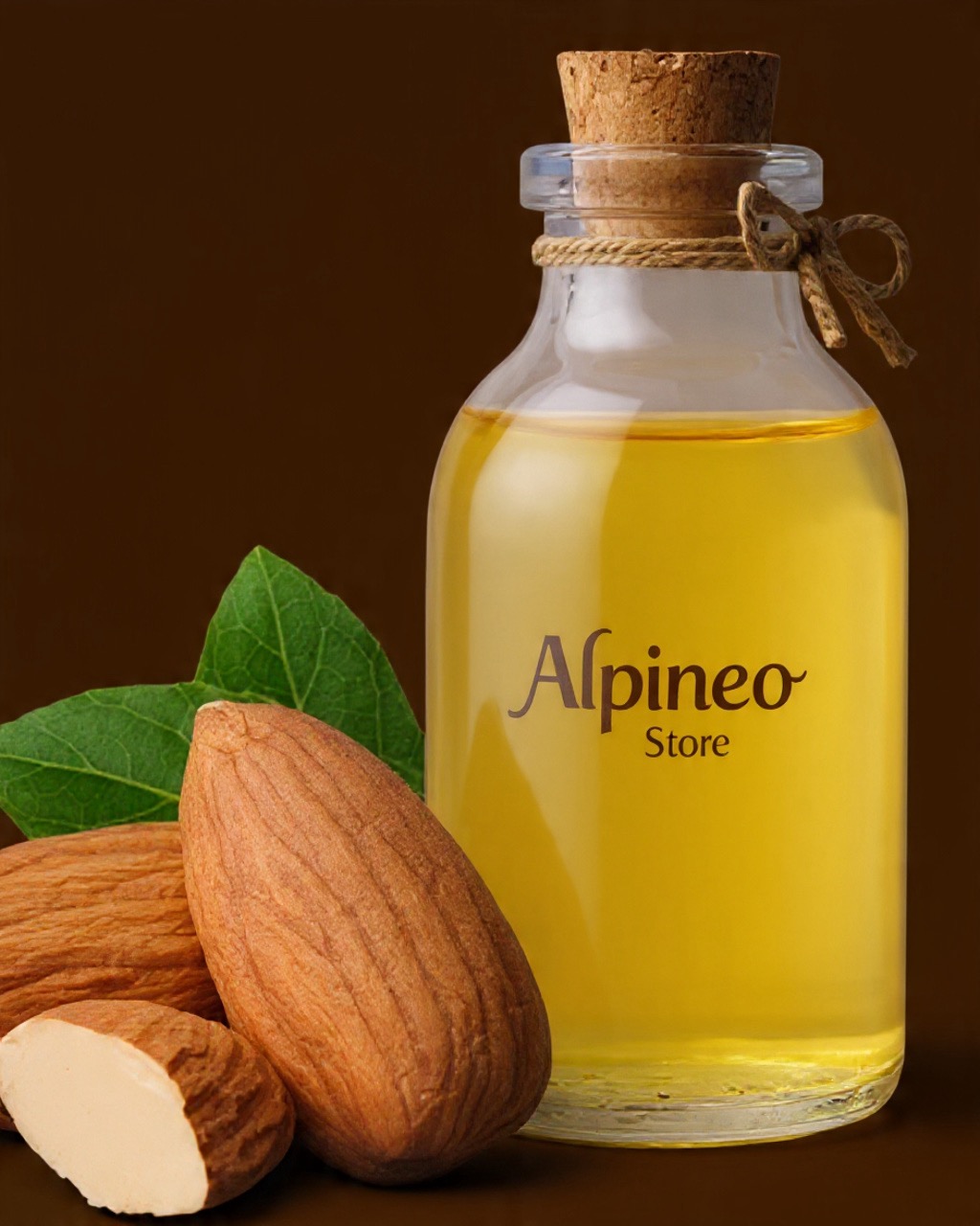 Almond Cold-Pressed Oil: Pure Golden Nourishment A small glass bottle of golden almond oil with a wooden dropper, surrounded by almonds and a light, neutral backdrop, conveying purity and nourishment.
