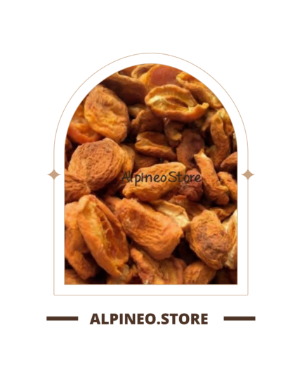 A close-up of a wrinkled dry apricot, deep orange-brown, with a textured rind, on a neutral background.