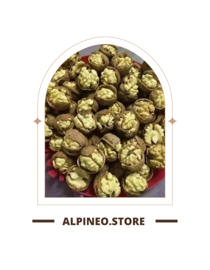 A close-up of a Kaghazi akhrot (walnut) shell, light brown with subtle veins, resting on a neutral surface.